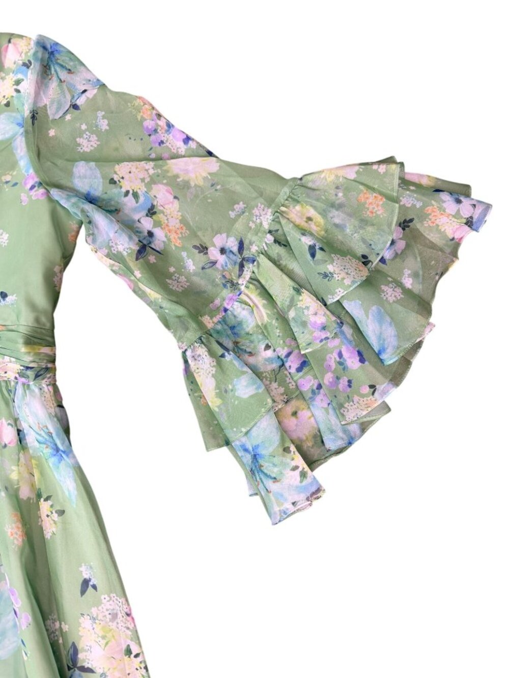 Mac Duggal Womens Green Floral Polyester Maxi Dress Elegant Bell Sleeves Sz 16 - Picture 6 of 12